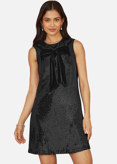 Yumi Black Sequin Bow Tunic Shift Dress