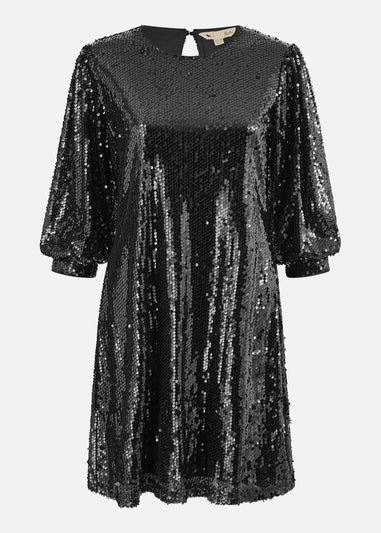 Yumi Black Sequin Tunic Dress With Balloon Sleeves