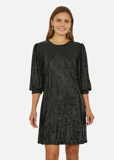 Yumi Black Sequin Tunic Dress With Balloon Sleeves