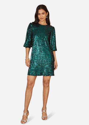 Yumi Green Sequin Tunic Dress With Balloon Sleeves