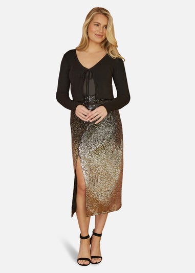 Yumi Black/Gold Sequin Split Fitted Midi Skirt