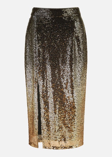 Yumi Black/Gold Sequin Split Fitted Midi Skirt