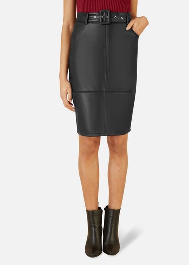 Yumi Black Faux Leather Midi Pencil Skirt With Matching Belt