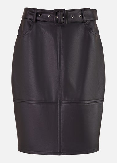 Yumi Black Faux Leather Midi Pencil Skirt With Matching Belt