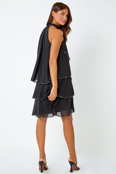 Roman Black Sequin Trim Tiered Halterneck Dress