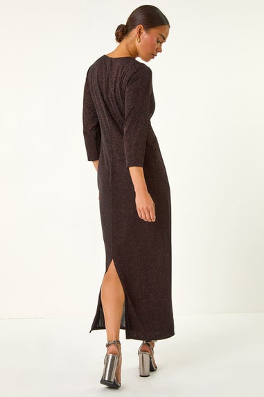 Roman Bronze Petite Gathered Glitter Maxi Stretch Dress