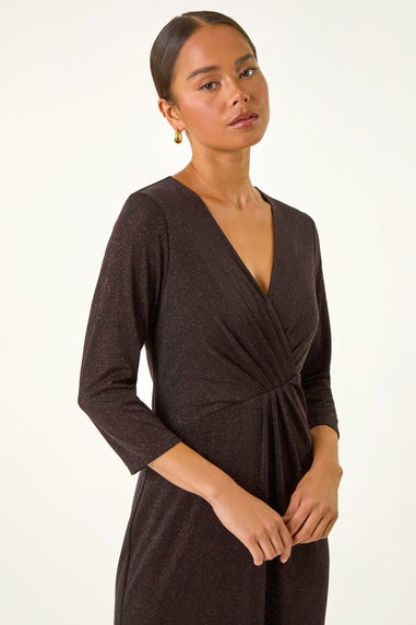 Roman Bronze Petite Gathered Glitter Maxi Stretch Dress