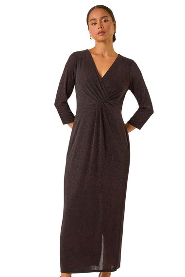 Roman Bronze Petite Gathered Glitter Maxi Stretch Dress