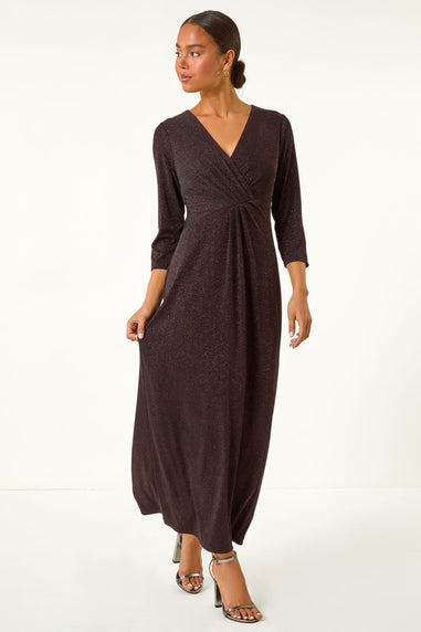 Roman Bronze Petite Gathered Glitter Maxi Stretch Dress