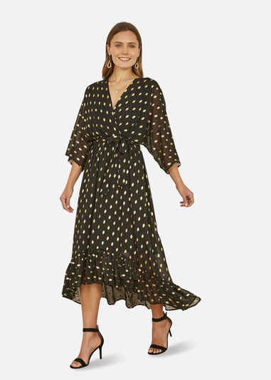 Yumi Black Foil Print Wrap Over Dip Hem Midi Dress