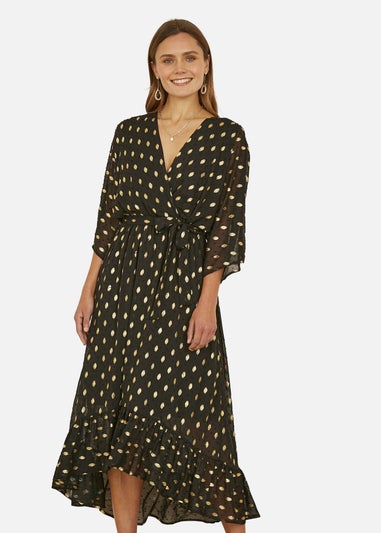 Yumi Black Foil Print Wrap Over Dip Hem Midi Dress