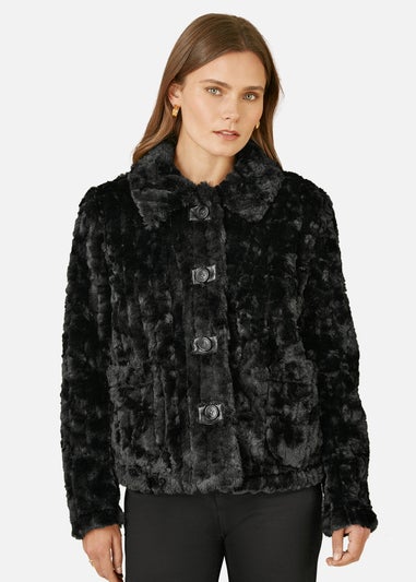 Yumi Black Luxe Textured Faux Fur Jacket With Pockets