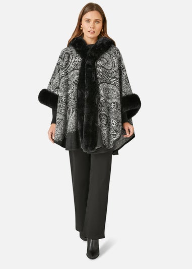 Yumi Black Faux Fur Trim Cape With Paisley Print