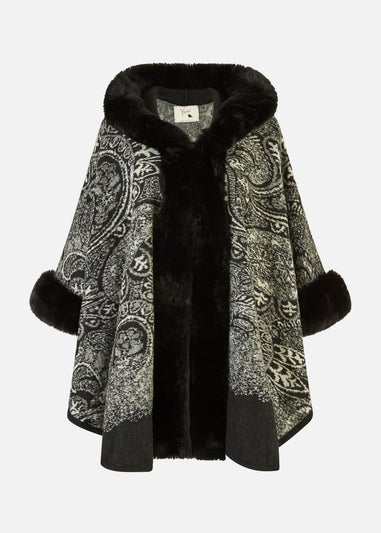 Yumi Black Faux Fur Trim Cape With Paisley Print