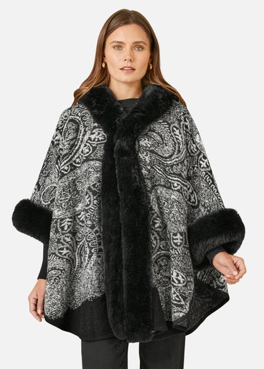 Yumi Black Faux Fur Trim Cape With Paisley Print