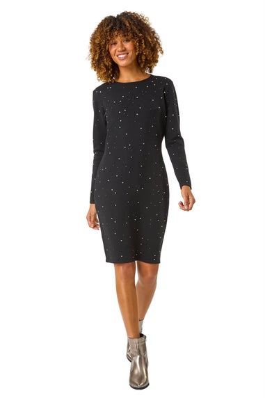 Roman Black Hotfix Embellished Knitted Dress