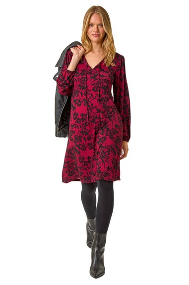 Roman Wine Floral Jersey Swing Dress