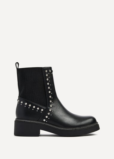 Linzi Optic Black Faux Leather Diamante Embellished Chelsea Boot