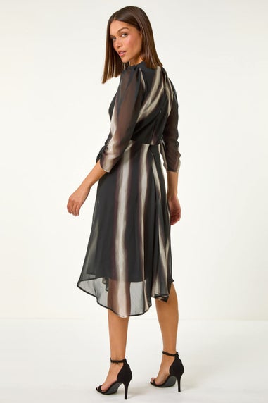 Roman Black Stripe Print V-Neck Hanky Hem Midi Dress