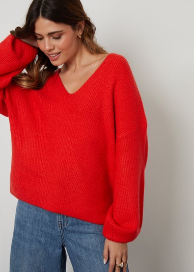 Threadbare Red Lily Ribbed V Neck Jumper