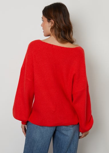 Threadbare Red Lily Ribbed V Neck Jumper