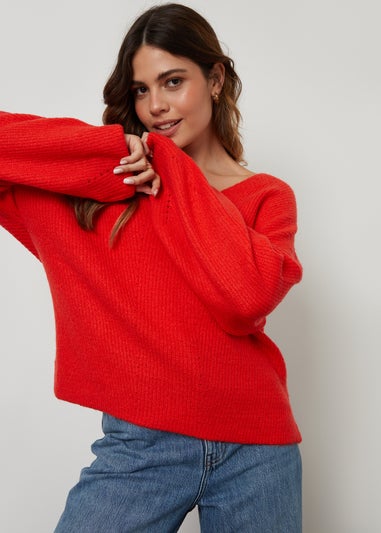 Threadbare Red Lily Ribbed V Neck Jumper