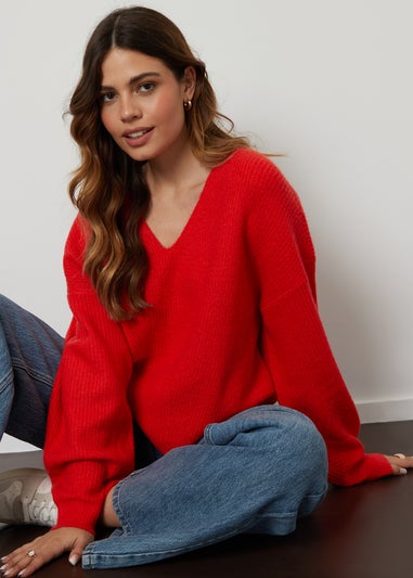 Threadbare Red Lily Ribbed V Neck Jumper