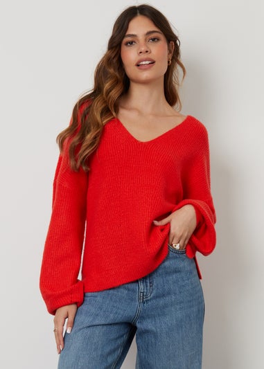 Threadbare Red Lily Ribbed V Neck Jumper