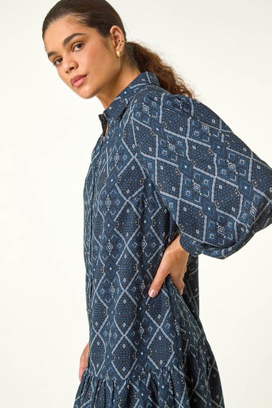 Roman Teal Geometric Print Button Detail Shirt Dress