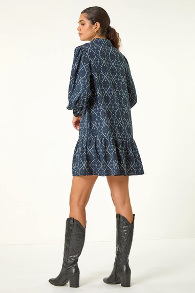 Roman Teal Geometric Print Button Detail Shirt Dress