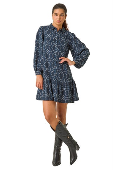 Roman Teal Geometric Print Button Detail Shirt Dress