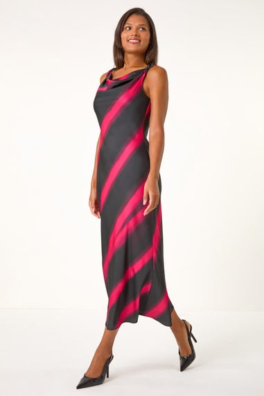 Roman Black Stripe Print Satin Twist Strap Midi Dress