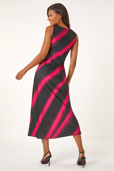 Roman Black Stripe Print Satin Twist Strap Midi Dress