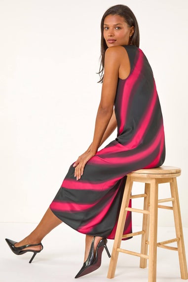 Roman Black Stripe Print Satin Twist Strap Midi Dress