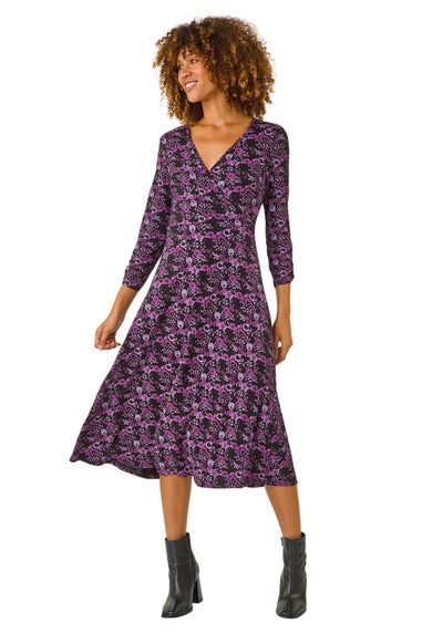 Roman Purple Floral Wrap Front Midi Dress