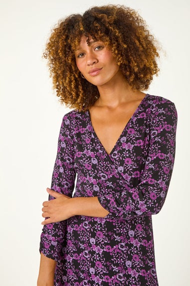 Roman Purple Floral Wrap Front Midi Dress