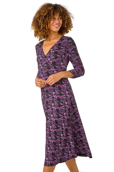 Roman Purple Floral Wrap Front Midi Dress