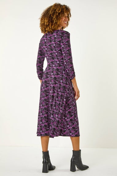 Roman Purple Floral Wrap Front Midi Dress