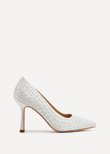 Linzi Dreaming Ivory Satin Hot Fix Pearl Court Heels