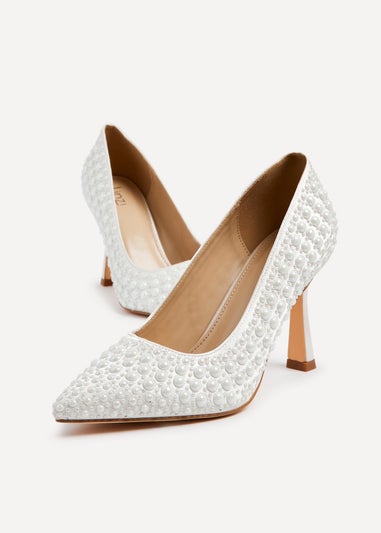 Linzi Dreaming Ivory Satin Hot Fix Pearl Court Heels