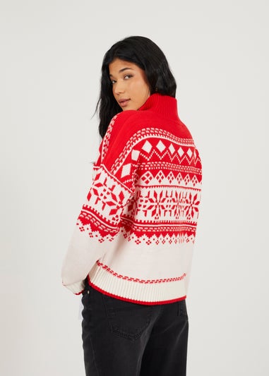 Brave Soul Red Fairisle Half Zip Christmas Jumper