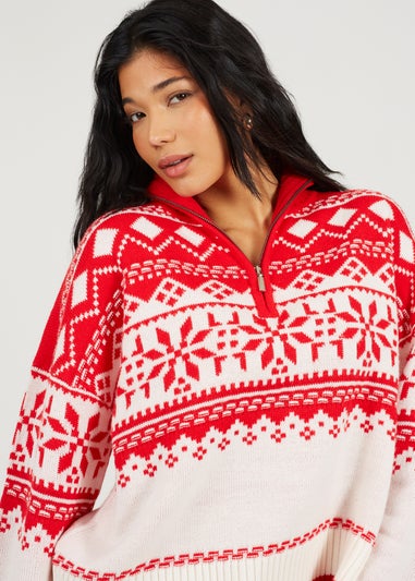 Brave Soul Red Fairisle Half Zip Christmas Jumper