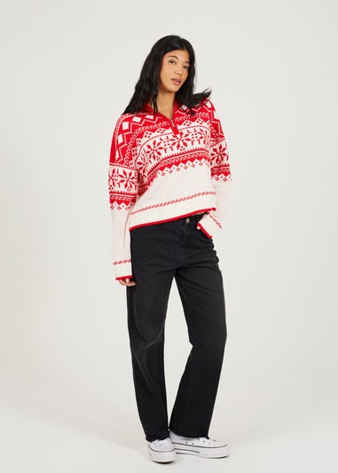 Brave Soul Red Fairisle Half Zip Christmas Jumper