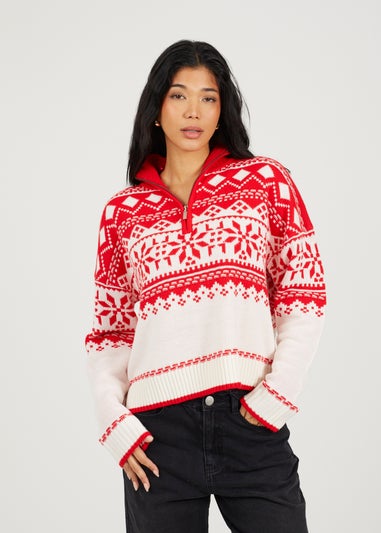 Brave Soul Red Fairisle Half Zip Christmas Jumper