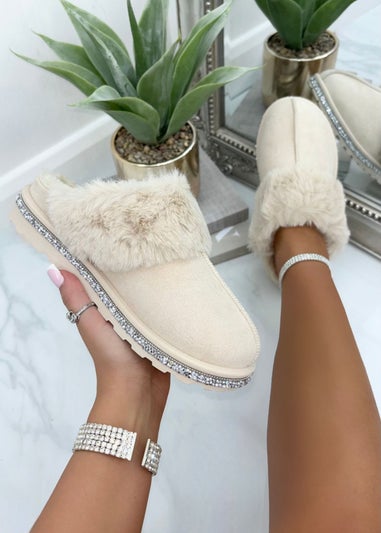 Love Lemonade Beige Sparkly Deluxe Snugg Slippers