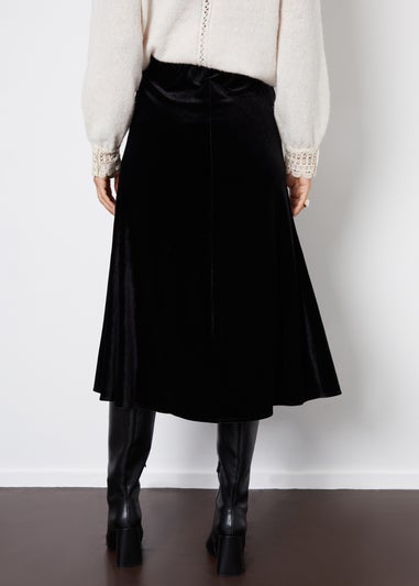 Threadbare Black Flora Velvet Flared Pull On Midi Skirt