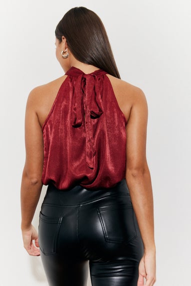 In The Style Burgundy Shimmer Tie Neck Top