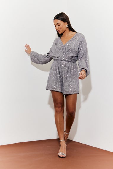 In The Style Silver Sequin Multi Front Knot Playsuit