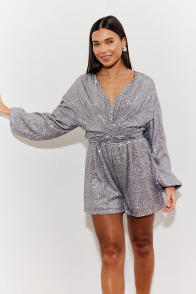 In The Style Silver Sequin Multi Front Knot Playsuit