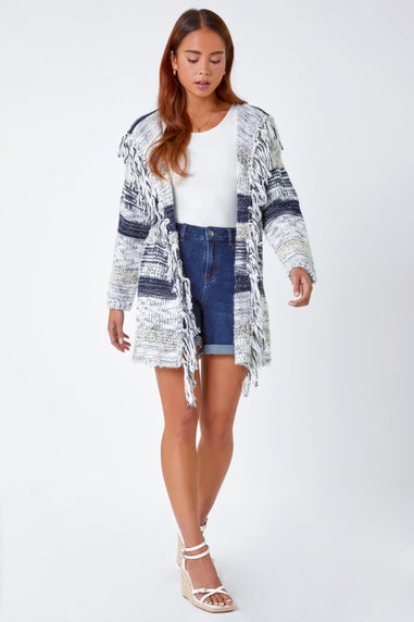 Roman Navy Petite Fringed Hooded Cardigan